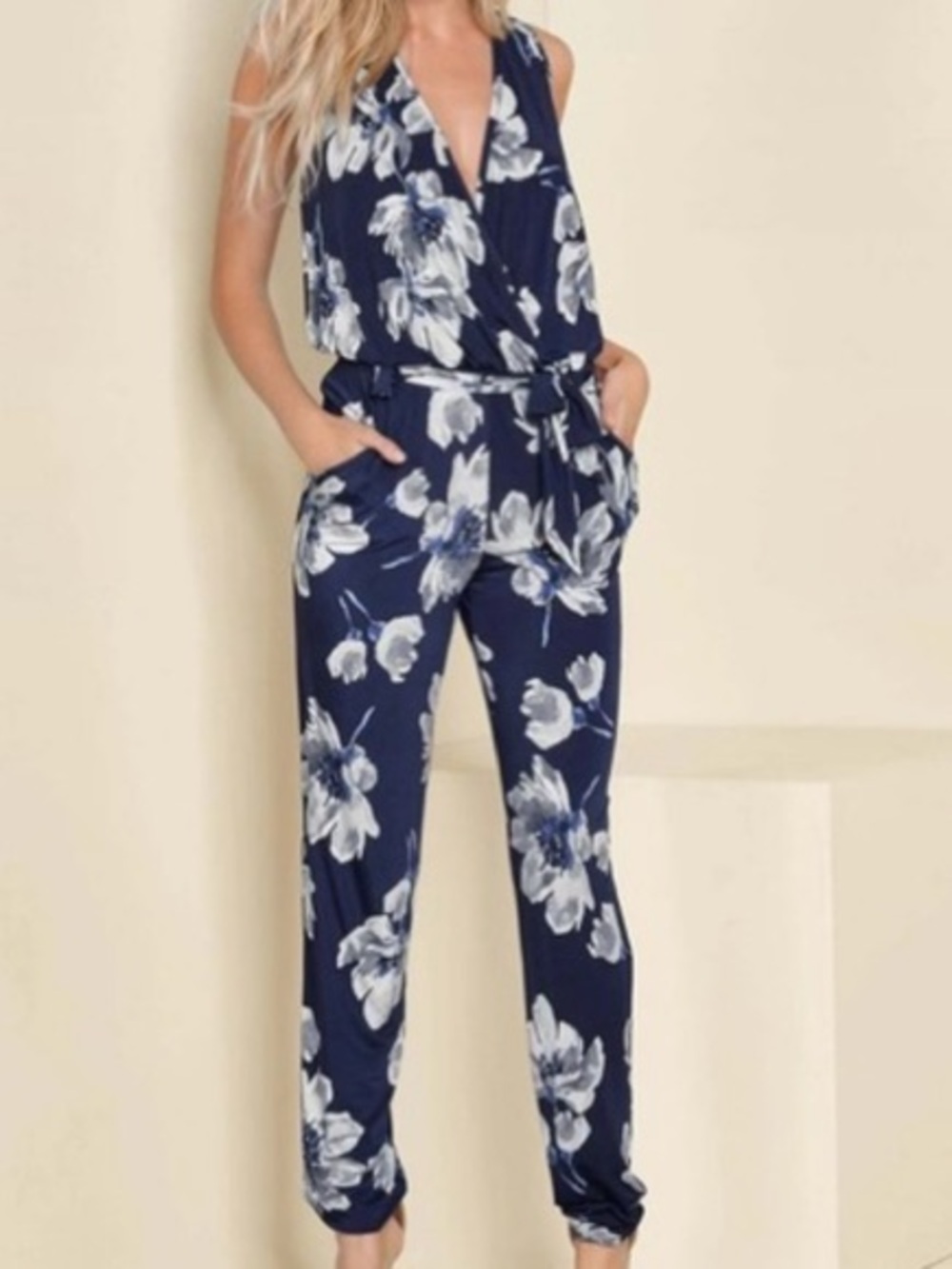 VENUS Navy Blue Floral Sleeveless Jumpsuit with Tie Waist